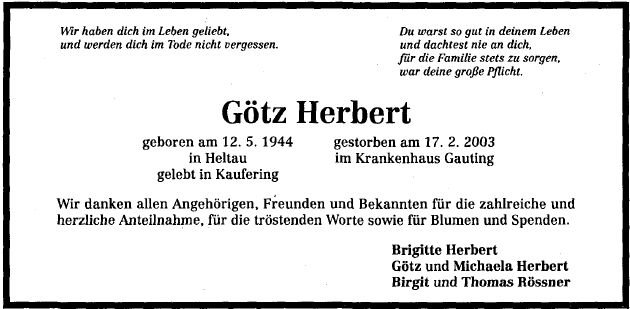 Herbert Goetz 1944-2003 Todesanzeige